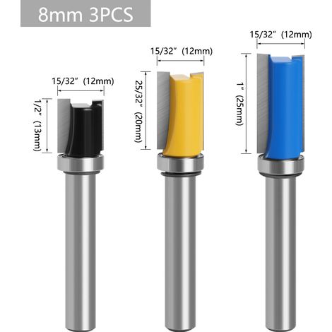 Lntyq 3 Pièces Fraise Defonceuse 8mm Carbure,Fraise Au Carbure pour Défonceuse,Fraise Droite Defonceuse avec Roulement,pour le Travail du Bois