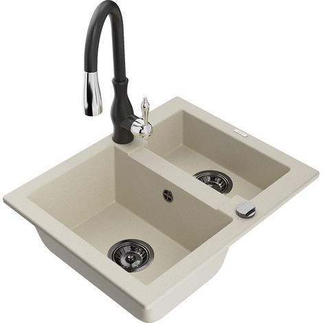 Mexen Carlos Granitspüle 1,5 Kammer mit Küchenarmatur Savita, beige - 6518-69-672601-70 (1/5)