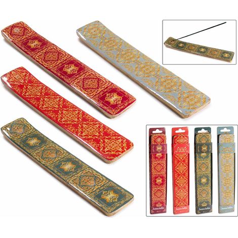 Portaincenso in legno di mango a barchetta con decorazioni colorate, in confezione regalo, set da 8 pezzi, cm 5 x 26 H