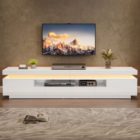 Élégant meuble TV laqué haute brillance — Inclut un éclairage d'ambiance LED 16 couleurs — Supporte les téléviseurs jusqu'à 70 pouces — Comprend 3 tiroirs — Finition haute brillance