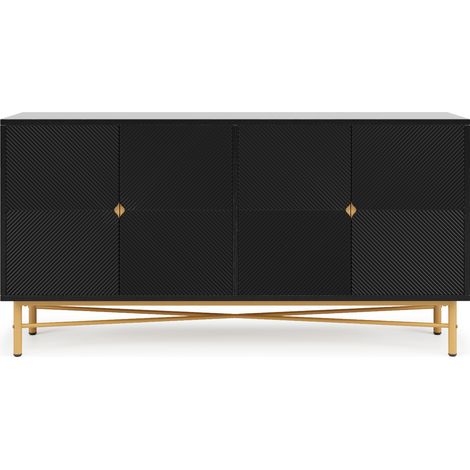 Credenza 160 cm a 4 ante con superficie in rilievo nera, maniglie e gambe dorate spazzolate (1/5)