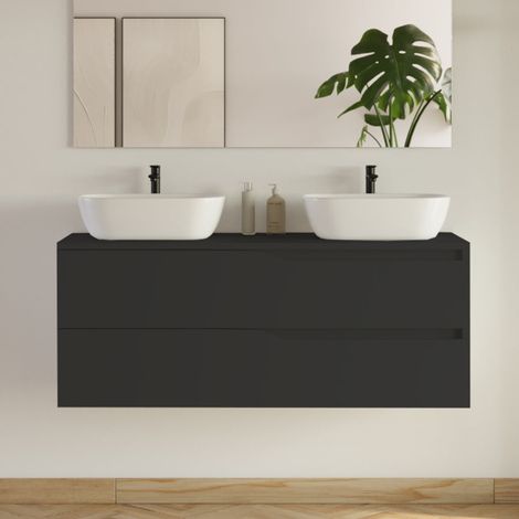 Meuble de salle de bain 120cm avec plateau et 2 vasques à poser Zeus - 2 tiroirs - sans miroir - noir - LUNA (1/5)
