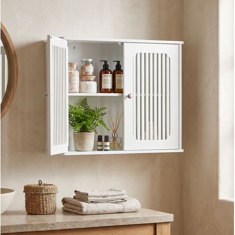 Armoire murale de salle de bain 69,3x43,8x11 cm, 2 portes à lamelles, rangement gain de place, blanc (1/5)