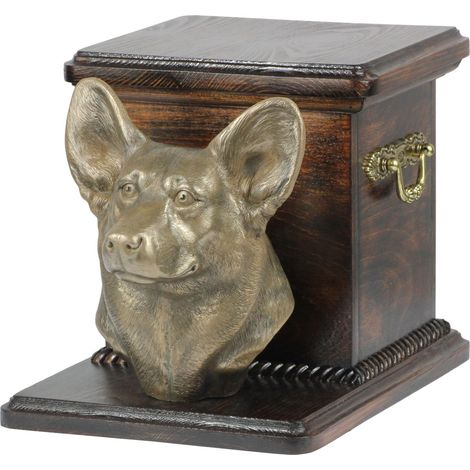 Urne funéraire pour chien Pembroke Welsh Corgi avec statuette, urne élégante et unique ornée d'un buste de chien, signée Art-Dog. (1/5)