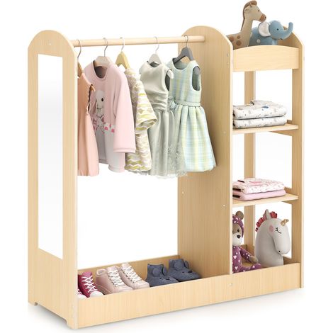 COSTWAY Kids Dress Up Storage Play Armoire Dresser Wardrobe-Natural (1/5)