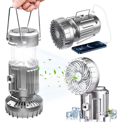 Lampe de camping solaire, lanterne de camping LED 1500 mAh, ventilateur portable, lampe de camping rechargeable par USB, étanche, lampe de camping à piles pour coupure de courant, camping, randonnée,- (1/5)