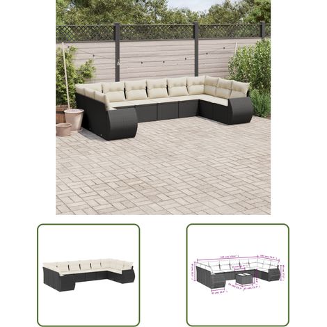 The Living Store 10-tlg. Garten-Sofagarnitur mit Kissen Schwarz Poly Rattan - Gartenmöbel Set - PE-Rattan Möbel - Outdoor Lounge - Gartenlounge - Esstischgarnitur (1/3)