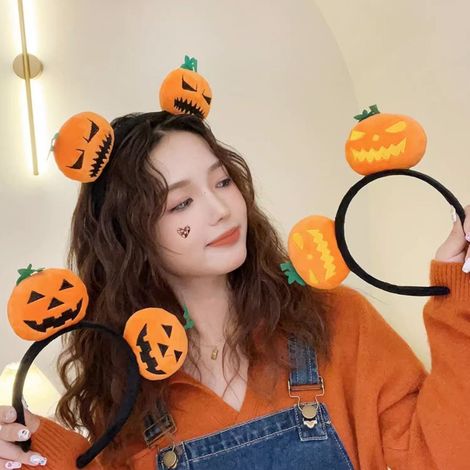 Lampe citrouille avec serre-tête original - serre-tête mignon style dessin animé pour femme, idéal pour l'automne-hiver - serre-tête - décoration d'Halloween - lot de 3 (1/4)