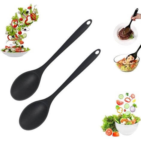 6 cucharas de silicona para cocinar, Cuchara de mango largo, Cuchara anti, Cuchara negra antiadherente para remover, Mango de 27 cm de largo (1/5)
