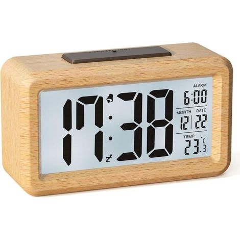Digitaler Wecker, batteriebetriebener Holzwecker mit großem LCD-Display, Hintergrundbeleuchtung, Datumsanzeige, Temperaturanzeige, automatischem Lichtsensor und Schlummerfunktion (3 AAA-Batterien nich