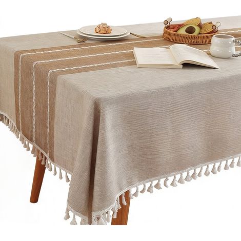 Nappe rectangulaire en lin et coton - Résistante, imperméable, douce et infroissable - Avec pompons - Idéale pour la cuisine, la salle à manger, les fêtes, les festivals et la décoration de table - 14 (1/5)