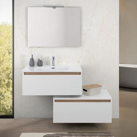 Mobile bagno sospeso 80 cm bianco e rovere con cassetto sfalsato Kleo (1/5)