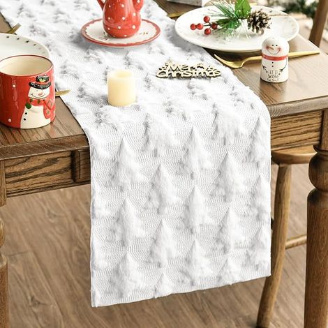Chemin de table sapin de Noël, nappe décorative nordique pour salon et salle à manger, intérieur et extérieur, décorations de Noël, nappe blanche sapin de Noël 33 x 183 cm