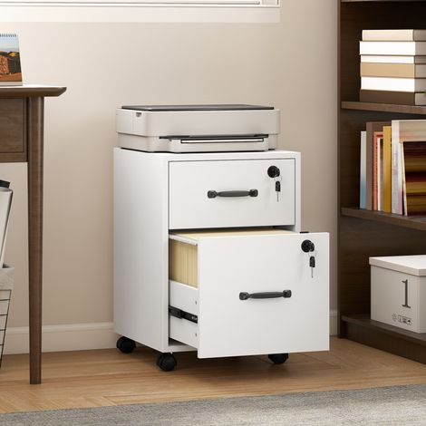 Caisson bureau mobile à 2 tiroirs, meuble rangement bureau sur roulettes pour documents suspendus format lettre, blanc (1/5)