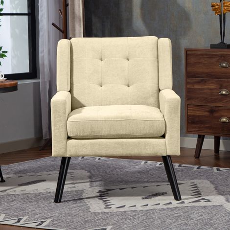 Fauteuil rembourré à capitonnage à boutons en suédine – fauteuil mid-century modern avec coussin en mousse haute densité et pieds en bois massif pour petits espaces: salon, chambre, bureau (1/5)