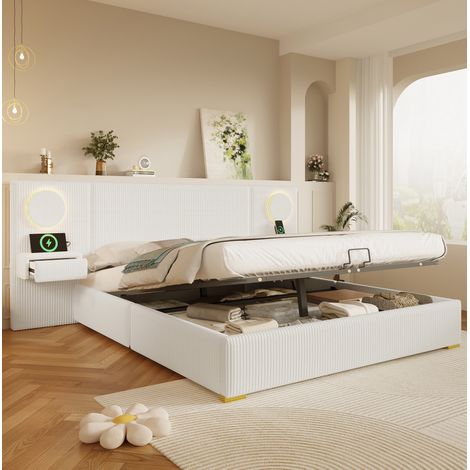 Cama con canapé 180x200 cm de terciopelo beige con cabecero LED y puertos USB HAVRYA (1/5)