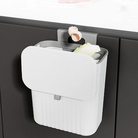 Poubelle de cuisine 9 L avec couvercle, petite poubelle suspendue, composteur en plastique inodore, blanche (1/5)