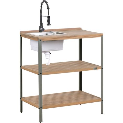 Outdoor Kitchen Island with Sink IVREA Certified Acacia Wood Brown/ Black