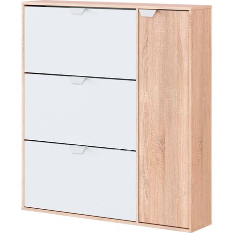 Scarpiera Multiuso 3 Ribalte Con Anta Laterale A 5 Ripiani Regolabili Mobiletto Salvaspazio Per Ingresso Camera Contiene Fino A 30 Paia Di Scarpe Design Moderno 112 x 105 x 24 Cm Rovere E Bianco (1/5)