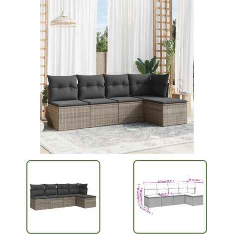 The Living Store 5-tlg. Garten-Sofagarnitur mit Kissen Grau Poly Rattan - Gartenmöbel Set - PE-Rattan Möbel - Outdoor Sofa - Lounge Garnitur - Esszimmergarnitur (1/3)