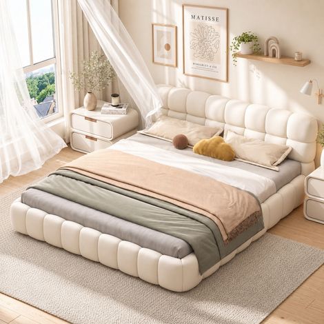 Lit capitonné 140x200, lit double 140x200 cm lin beige, tête de lit nuage rembourrée, sommier à lattes, pour chambre adulte