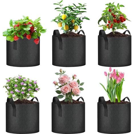 Lot de 6 sacs de plantation de 12 l - Avec poignées - Pot de fleus en tissu éutilisable - Pou pommes de tee, tomates, faises, fleus (1/4)