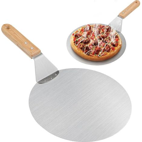 Pelle à pizza ronde en acier inoxydable avec manche en bois pour pizza, 25,5 x 25,5 cm, tarte flambée et pain
