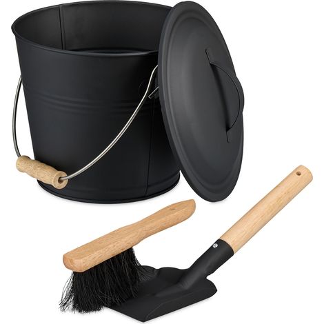 Relaxdays Ash Bucket with Lid & Sweeping Set, 4.5 Litres, Shovel & Broom, Fireplace Bin, Container with Handle, Black (1/5)