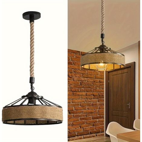 Suspension industrielle vintage corde de chanvre sans source lumineuse – lustre plafond rétro fer forgé pour salle à manger