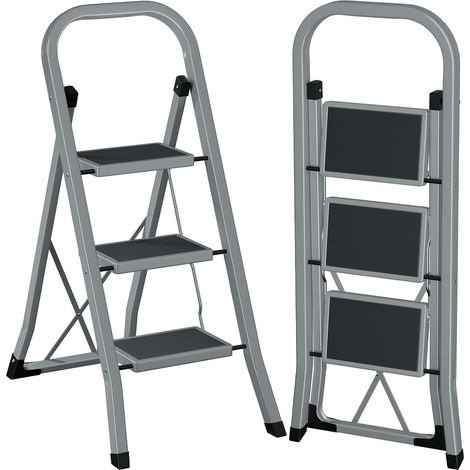 Escabeau 3 Marches Pliable, pour Maison, Jardin, Charge 150kg Petit Escabeau Pliable avec Large Pédale Antidérapante et Verrouillage de Sécurité, Gris EBSL03GY (1/5)