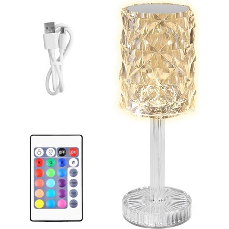 Lampe de table en cristal LED colorée, lampe de table en diamant en cristal rechargeable, lampe en diamant en cristal à intensité variable, lampe en cristal avec télécommande, pour chambre, salon [Cla (1/5)