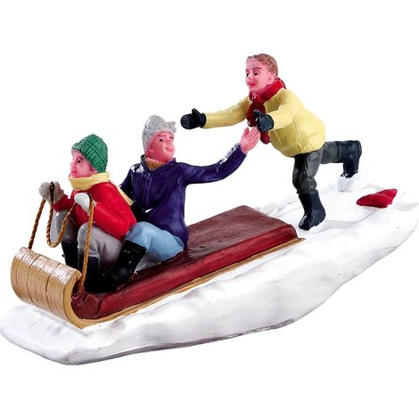 Statutetta slitta con bambini decorazione per presepe e villaggio di Natale in poliresina