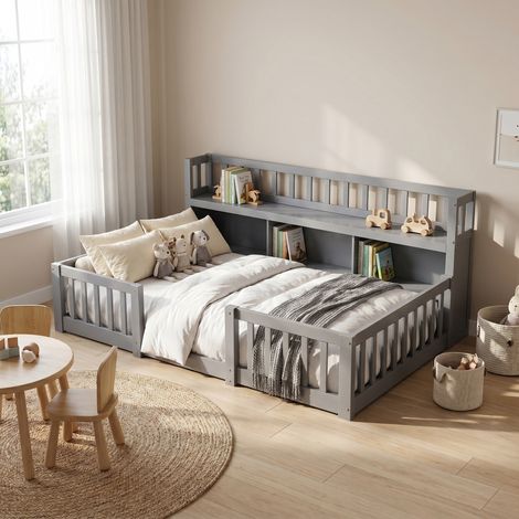 Montessori Kinderbett 90x200 cm mit Bücherregal und Sicherheitsgitter, Bodenbett aus Holz, Grau