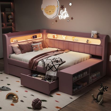Canapé-lit capitonné 90x200cm USB LED tiroirs rangement meuble salon chambre design rose (sans Matelas) (1/5)