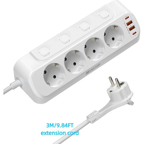 Prise UE Carte d'alimentation multifonction 4 prises 2 USB-A et 2USB-C Développement rapide Adaptateurs secteur Rallonge 3 m Joli indépendant Blanc