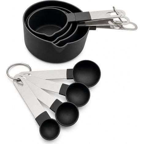 Set de 8 cuillères et verres doseurs en acier inoxydable à manche noir — outils de pâtisserie (1/5)