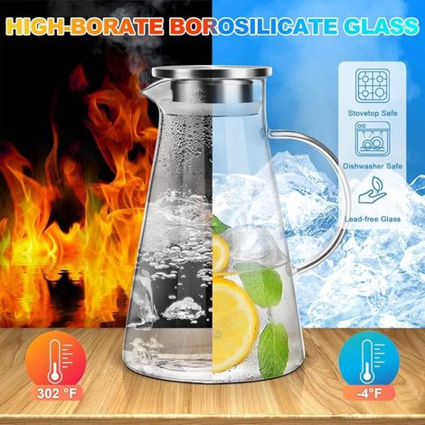 Brocca in vetro da 2 litri con coperchio, caraffa in vetro per acqua, tè freddo, vino, caffè, latte e succhi di frutta. (1/4)
