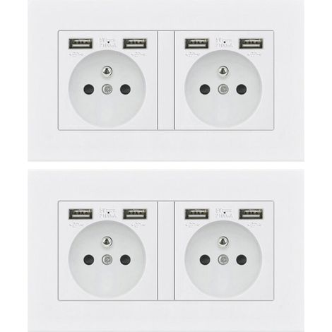 Prise Murale Double USB 16A 110-250V – Prise Électrique Encastrable Norme Française Lot de 2 (1/5)