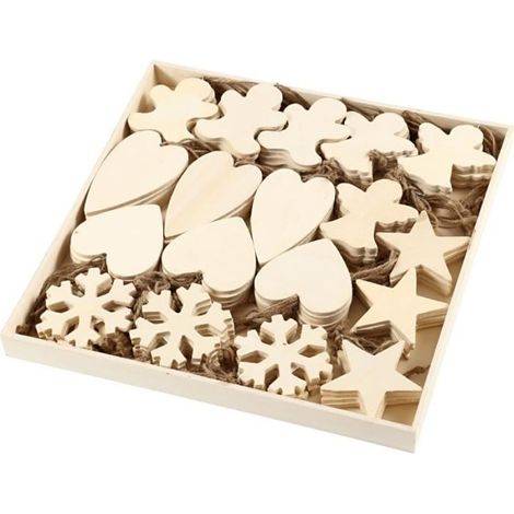 Ornements en bois - Noël - 90 pcs - 6 designs - 9 à 11 cm - A suspendre