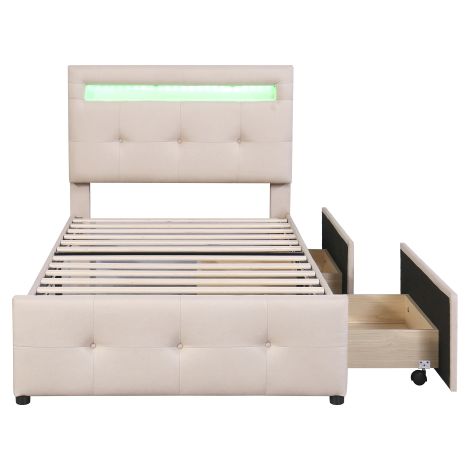 Lit 90x200 rembourré LED avec 2 tiroirs tissu lin doux beige (1/5)