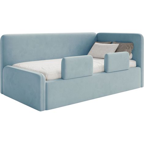 Selsey Fanko – Kinderbett 90x200 cm mit Rausfallschutz, Matratze, Kopfteil rechts, Samt,Hellblau