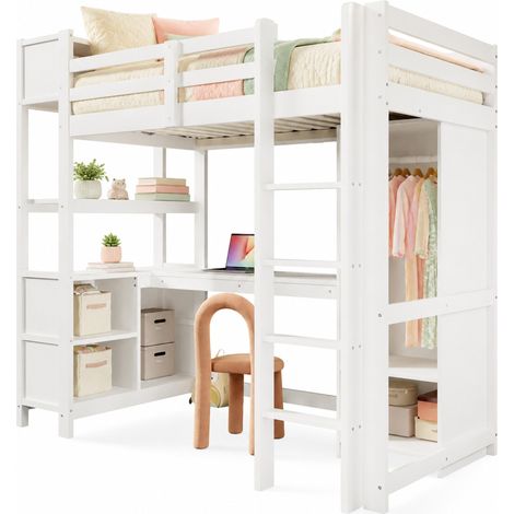 Cama alta 90x200 cm con escritorio, estantes, armario y almacenaje para habitación infantil, estructura de madera y MDF, blanca, ideal para espacios pequeños CHICFURN (1/5)