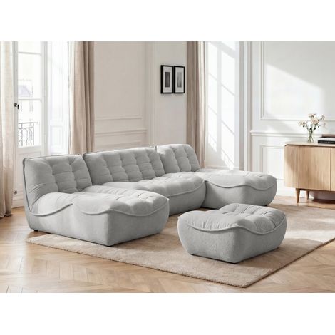 BOBOCHIC - Canapé panoramique fixe modulable SERENA tissu chiné avec pouf   Gris clair
