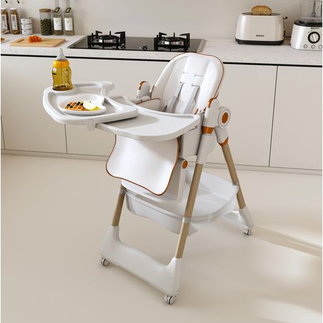 Trona para bebé plegable y ajustable, bandeja extraíble, ruedas con freno, blanca DESVIAE