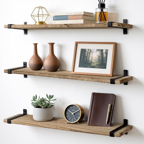 Étagères Murales Flottantes en Bois, Lot de 3, Longueur 60 cm Style industriel, pour livres, plantes et objets décoratifs dans le salon, la chambre, la cuisine ou la salle de bain