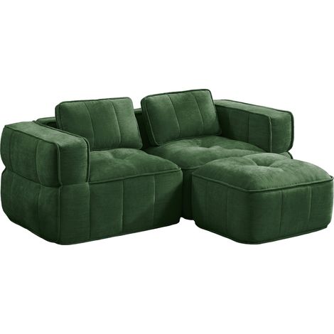 Sofá Esquinero Modular de 2 Plazas sin Estructura con Puf, Tejido de Poliéster, Verde (1/5)