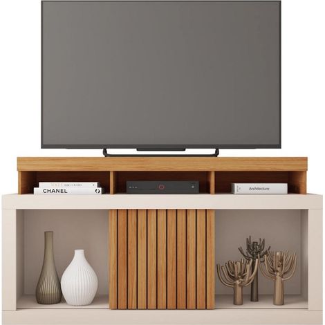 Beaux Meubles Pas Chers – Meuble TV 55 pouces imitation chêne et blanc écreu – 1 porte coulissante – 6 roulettes – Dimensions L 136 x H 74 x P 39 cm