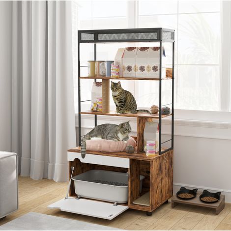 Meuble litière pour chat 2-en-1 avec étagère 3 niveaux et griffoir, marron DESVIAE (1/5)