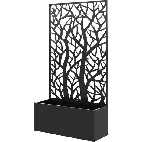 Jardinière surélevée avec panneau de privauté branches métal décoratif noir montage mural 61x23x113 cm (1/5)