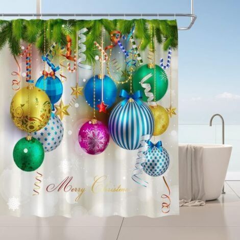 Rideau de douche « Joyeux Noël », décor de Noël avec boules colorées, branches de sapin, flocons de neige blancs et serpentins de bonbons, avec crochet, 150 x 180 cm (1/5)